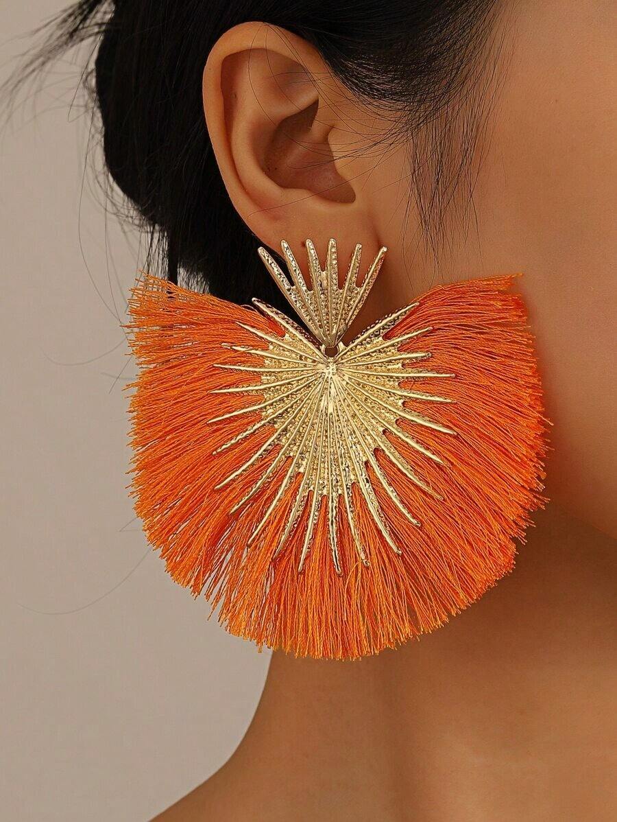 1 Pair Western Style Retro Exaggerated Heart-Shaped Fan Tassel Earrings For Women – Unique Personality Jewelry Perfect For Daily Wear, Parties, Festivals, And Gift Giving – Ideal For Valentine's Day, Mom, Mother's Day - 紅色 - 查看 1
