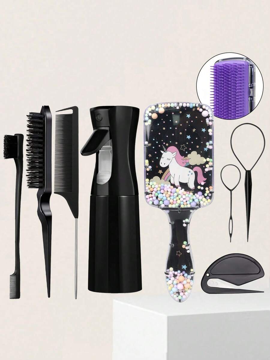 8 件套发型梳套装，包括可爱卡通梳子、200ml 喷雾瓶、编织工具、鼠尾梳和边缘控制刷、弹性发带切割器、理发沙龙美容旅行必需品的美发产品和配件，打造理想发型（黑色、粉色、紫色）、发刷、发刷、发梳、理发、美发工具、美发产品、发饰、光滑后刷、护发、发梳、理发配件、梳发、卷发刷、旅行、美发用品、顺发刷、球刷、迷你发刷、发饰、卷发产品、美发设备、配件、圣诞节、理发配件、发饰、美发、木梳、梳子、光滑后刷、发刷、边缘刷、刷头发、发梳、发刷套装、梳头发、迷你发刷、顺发刷、美发产品、美发工具、头发东西、头发护理、卷发刷、理发器、理发配件、美发设备、旅行必需品、旅行必需品、发型、美发