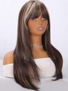 SMILCO 26Inch Straight Synthetic Wig With Brown Highlights & Bangs, Flattering & Easy Style, Perfect For Daily & Party, Limited Time Offer - 棕色挑染 - 查看 7