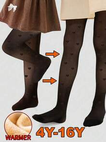 1 件加厚保暖儿童女童心形紧身裤打底裤，半透明纯色冬季保暖袜儿童连裤袜，别致秋季，舒适高腰弹力儿童女童修身加厚紧身裤（适合 5-15°C）