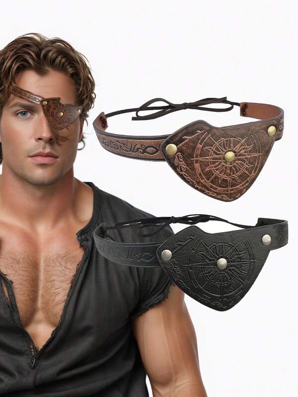 1 Stück Piraten-Augenmaske aus PU-Leder, verstellbar, mittelalterlich geprägtes Design, Vintage PU-Leder Augenmaske, Renaissance-Wikinger-Accessoire, geeignet für rechtes/linkes Auge, Vintage Augenmaske als Halloween Kostümzubehör