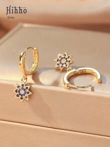 Hihho 1 Pair Fashionable Colorful Sunflower Earrings, Colorful Octagonal Zirconia Inlaid Design Charming Earrings, Women's Jewelry, Suitable For Daily Wear, Holiday Party Gift - Gold - View 3