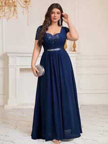 甜心领亮片花卉蕾丝撞色水钻丝带腰部雪纺褶皱下摆正式派对长裙、婚礼宾客礼服、舞会礼服，适合生日、晚宴、节日 - 藏蓝色 - 查看 5