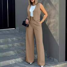Trousers Suit Women's Vest Trousers Suit Elegant Loose Regular Work Suit High Waist Wide-Leg Trousers 2-Piece Street Suit - 淺灰色 - 查看 5