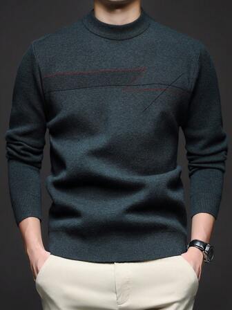 【尺码偏大】男士秋冬条纹立领毛衣，商务休闲套头针织衫，适合叠穿