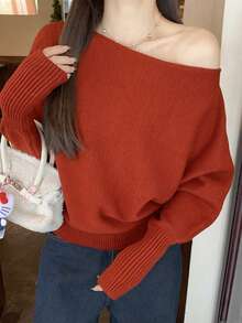 秋冬韩版优雅单肩灯笼袖针织毛衣上衣