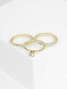 Kit With Trio Of Rings, Wedding Ring Holder And Solitaire Studded Gold Plated - 金黃色 - 查看 6