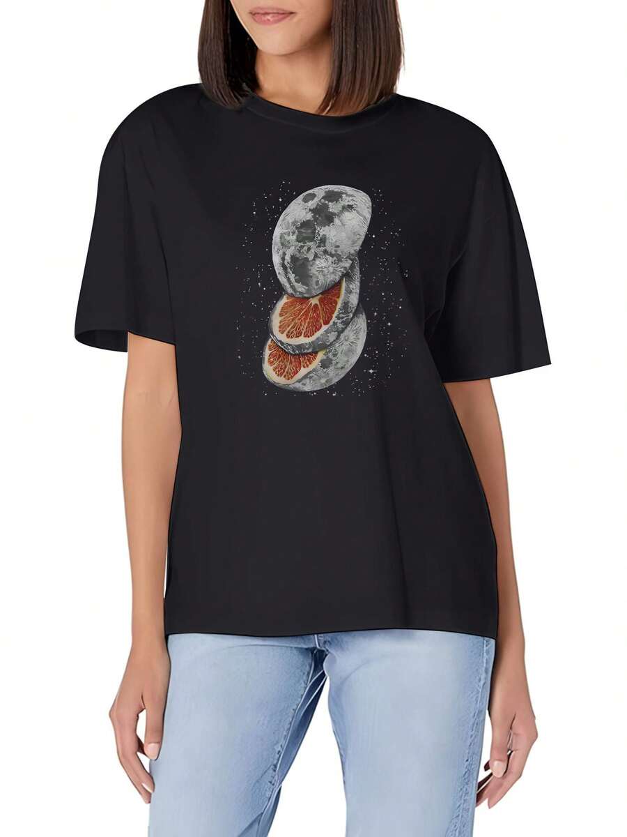 Luna Naranja T-Shirt Funny Women Short Sleeve Graphic T-Shirt Collection Black Cosplay Crew Neck Tee - 黑色 - 查看 1