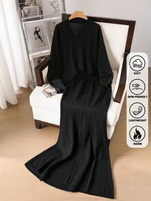 女式针织 2 件套黑色毛衣和配套长裙套装，秋冬舒适优雅休闲复古风格，女式舒适长袖两件套，喇叭下摆长裙，适合秋冬约会、休闲聚会、派对和旅行 - 黑色 - 查看 2