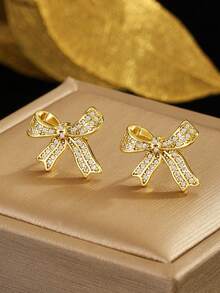3pcs/Set Children's Fashion Cubic Zirconia Decorated Bow Necklace And Earrings, Suitable For Girls, Sweet And Cute, Suitable For Street Parties, Dates, Festivals And Other Occasions, Exquisite Jewelry, Children's Birthday Gift