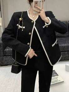 Women's Classic Regular Jacket, Tweed Fabric, Long Sleeve V-Neck Design, With Pockets And Black Trim Details, Non-Stretch - Black - View 2