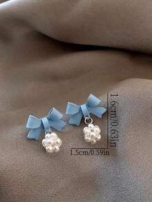 MESTILO 1 Pair Elegant Metal Oil Drip Blue Bowknot & Faux Pearl Earrings For Women – Stylish Daily Wear Jewelry, Perfect Gift For Valentines, Mom, Mother's Day & Special Occasions - Màu xanh lam - Xem 3