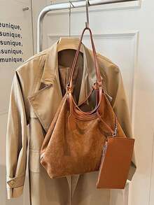 New Fashion Solid Color Large Capacity Tote Bag For Women, Casual Stylish Bucket Bag For Work Commute, Shoulder & Crossbody Bag