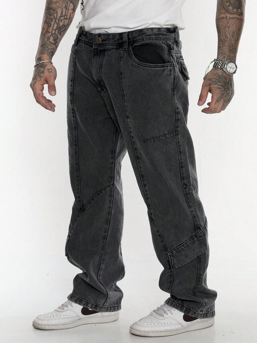 Men's Oversized Wide Leg Jeans Without Elastane - Negro - Ver 1