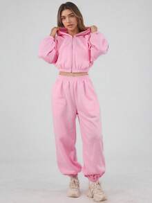 2 pezzi Set sportivo da donna, composto da top con cappuccio con zip e maniche lunghe in colore unito e pantaloni con elastico in vita e tasche, adatto per l'autunno/inverno - Rosa - Visualizzare 2