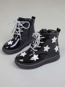 1 Pair Girls' New Five-Pointed Star Decor Flat Bottom Boots, Shock Absorption Anti- Infant Boots, Fashion Versatile Side Zipper Children Outdoor Ankle Boots, Suitable For Autumn/Winter - Black - View 5
