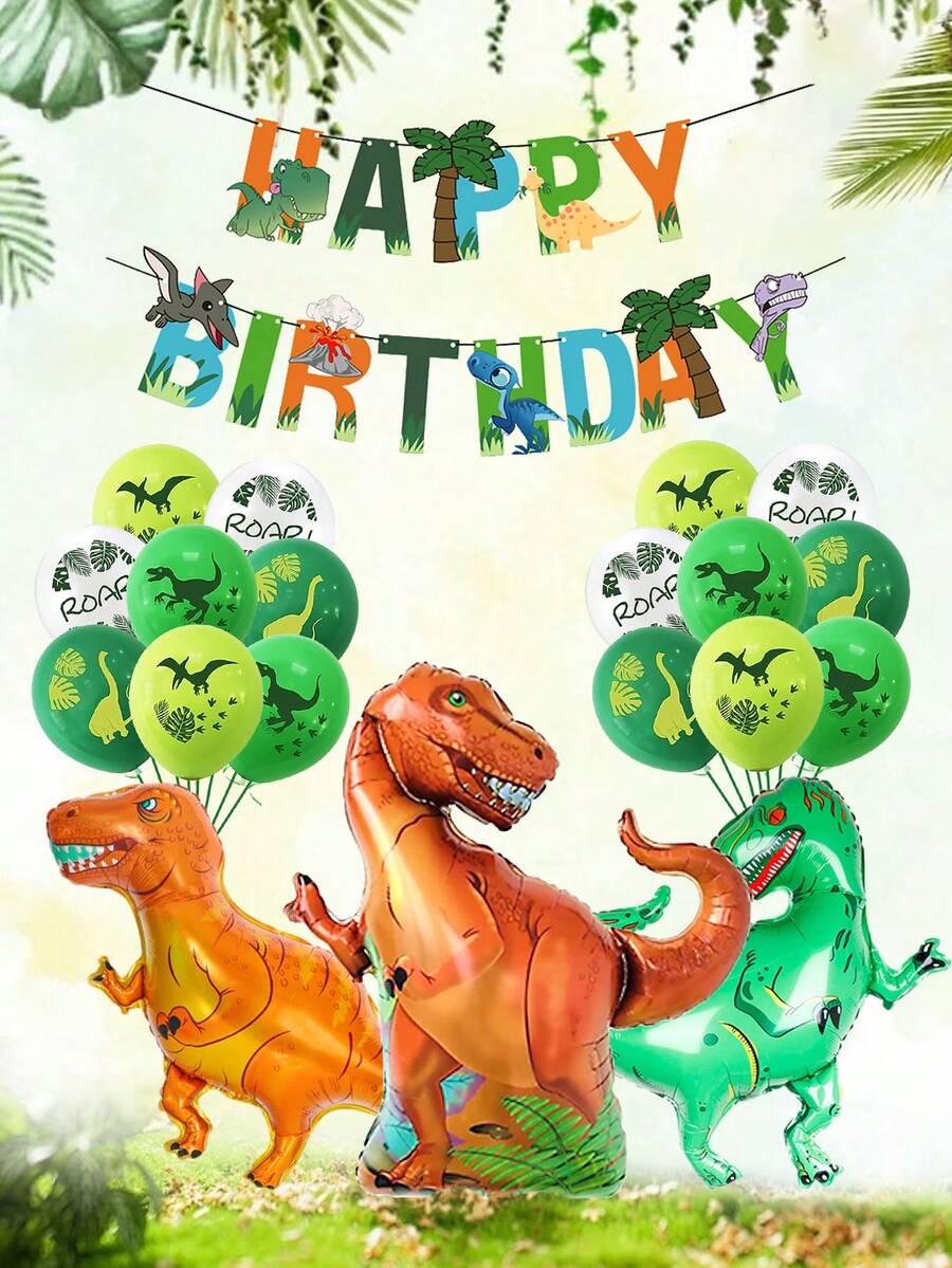 21/24pcs Dinosaur Theme Birthday Party Foil Balloon Set, Including Tyrannosaurus Rex, Pterodactyl, Velociraptor, Dinosaur Print Latex Balloons, Cartoon Dinosaur Happy Birthday Banner, For Adorable Dinosaur Birthday Party Decor, Boys Jurassic Dino Theme Decoration - Multicolor - View 1