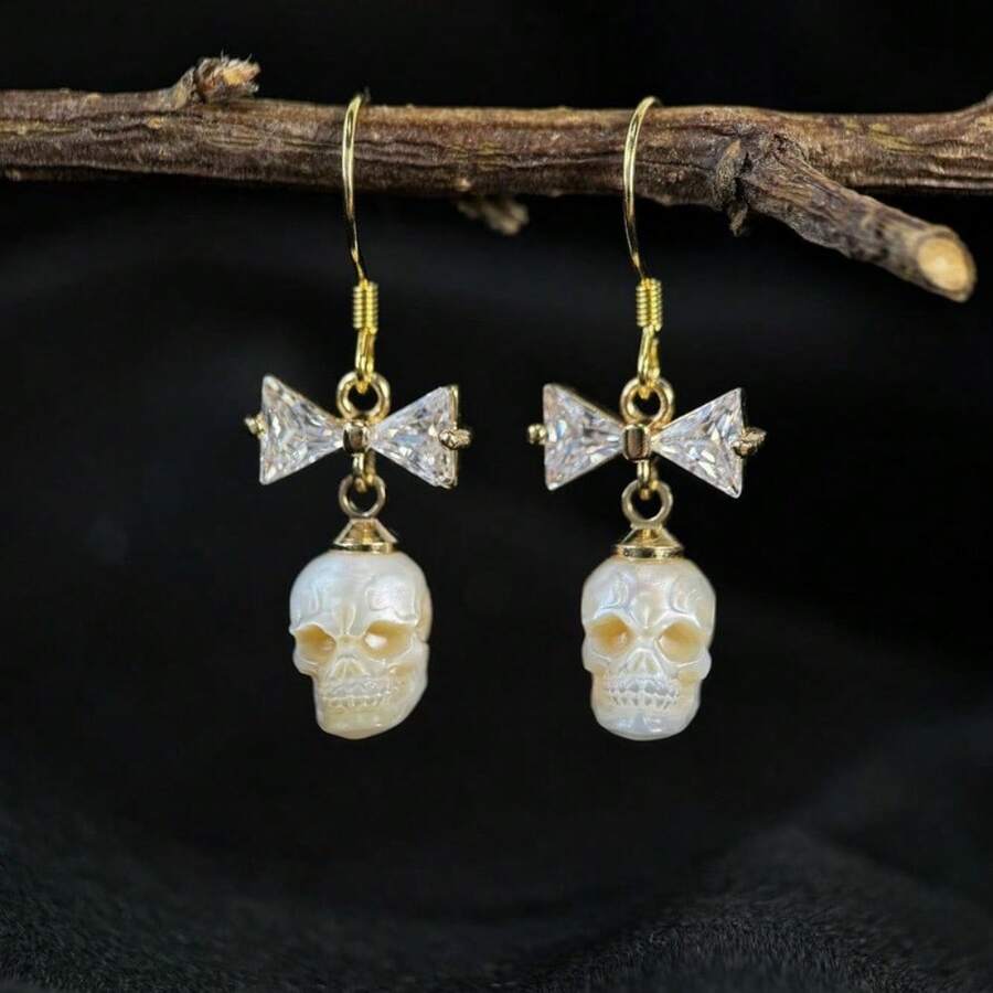 Pearl Skull Earrings Hypoallergenic Hand-Carved Freshwater Pearl Halloween Wedding Gothic Punk Bow Jewelry Gift For Her Birthday Christmas