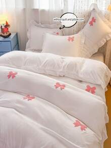 Cut Bow Embroidery Colorful Ruffle Duvet Cover Set, White Bedding Set 3pcs,Including 1 Duvet Cover And 2 Pillowcases, Ultra Soft Breathable Chic Comforter Cover
