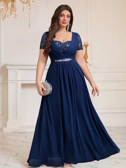 Plus Sweetheart Neck Sequin Floral Lace Contrast Rhinestones Ribbon Waist Chiffon Ruched Hem Formal Party Long Dress, Wedding Guest Dress, Prom Dress, For Birthday, Dinner, Festivals