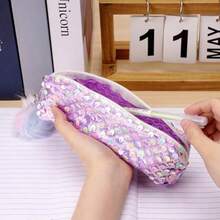 Purple Glitter Pencil Box Shiny Pencil Box Storage Pen Case Cosmetic Bag MultiPurpose Pens Pouch Pen Pouch Organiser With Zipper For Daily Work 1Pcs