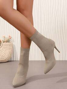 European And American New Autumn/Winter Fine High Heel Short Boots, Mesh Elastic Ankle Boots, Pointed Toe Women's Boots, Fashionable Sexy High Heel Sock Boots, Suitable For Evening Party And Ball - Beige - View 6