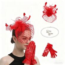 2025 Women's Mesh Feather Party Headdress Bridal Prom Hair Accessories Set Head Flower Gloves Necklace Earrings Set Halloween Christmas Party Decoration - 金色 - 查看 3