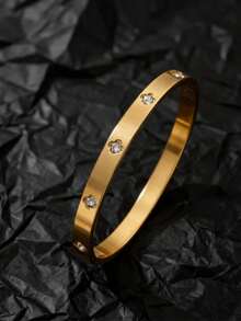 1pc Stainless Steel Cubic Zirconia Bangle Bracelet For Men, 18k Gold Plated, Oval Shaped, Non-Fading Jewelry, Youth Gift