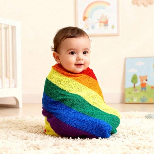 Manta de punto a rayas multicolor, suave y amigable con la piel, manta de envolver/cubierta para cochecito multifuncional, manta de punto arcoíris para envolver/fondo de fotografía, colores vibrantes, perfecta para fotografía de bebés, regalo para recién nacidos