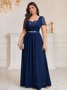 甜心领亮片花卉蕾丝撞色水钻丝带腰部雪纺褶皱下摆正式派对长裙、婚礼宾客礼服、舞会礼服，适合生日、晚宴、节日 - 藏蓝色 - 查看 6