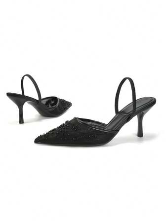 Women' Mesh Handmade Embroidered Pearl Pointed Toe Slip-On Breathable High Heel Shoes, New Wedding Versatile Party Sexy Elegant Floral Embroidered Pearl 7.5CM High Heels