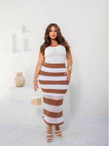 Plus Size Midi Skirt With Openwork Fabric In Modal Knit, Elegant, Casual - Beige With White - View 8