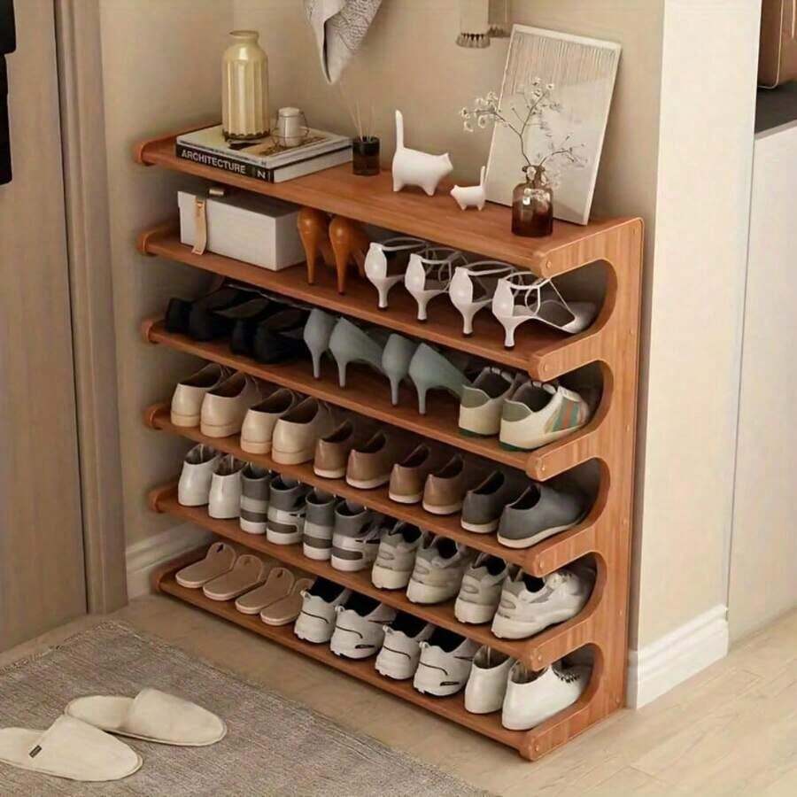 LOVEWE 4/5/6-Tier Natural Wood Color Wooden Shoe Rack - Multi-Layer Freestanding Shoe Storage Organizer With Wood Grain Finish, Stackable Shoe Shelves For Entryway, Closet, Hallway, Mudroom, And Front Door, Space-Saving Narrow Shoe Organizer Fits 15-24 Pairs Of Shoes, Easy Assembly Home Storage Supplies For Renters​