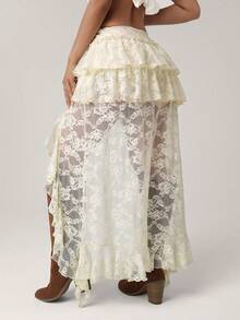 Women's Boho Layered Ruffle Chiffon Maxi Skirt Y2K Elastic High Waist Cowgirl Western Asymmetrical Skirts - 米色 - 查看 5