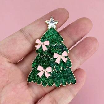 1 件可爱蝴蝶结和闪亮绿色圣诞树珐琅胸针，送给朋友的圣诞礼物，金属徽章收藏品，锌合金卡通胸针，适合冬季
