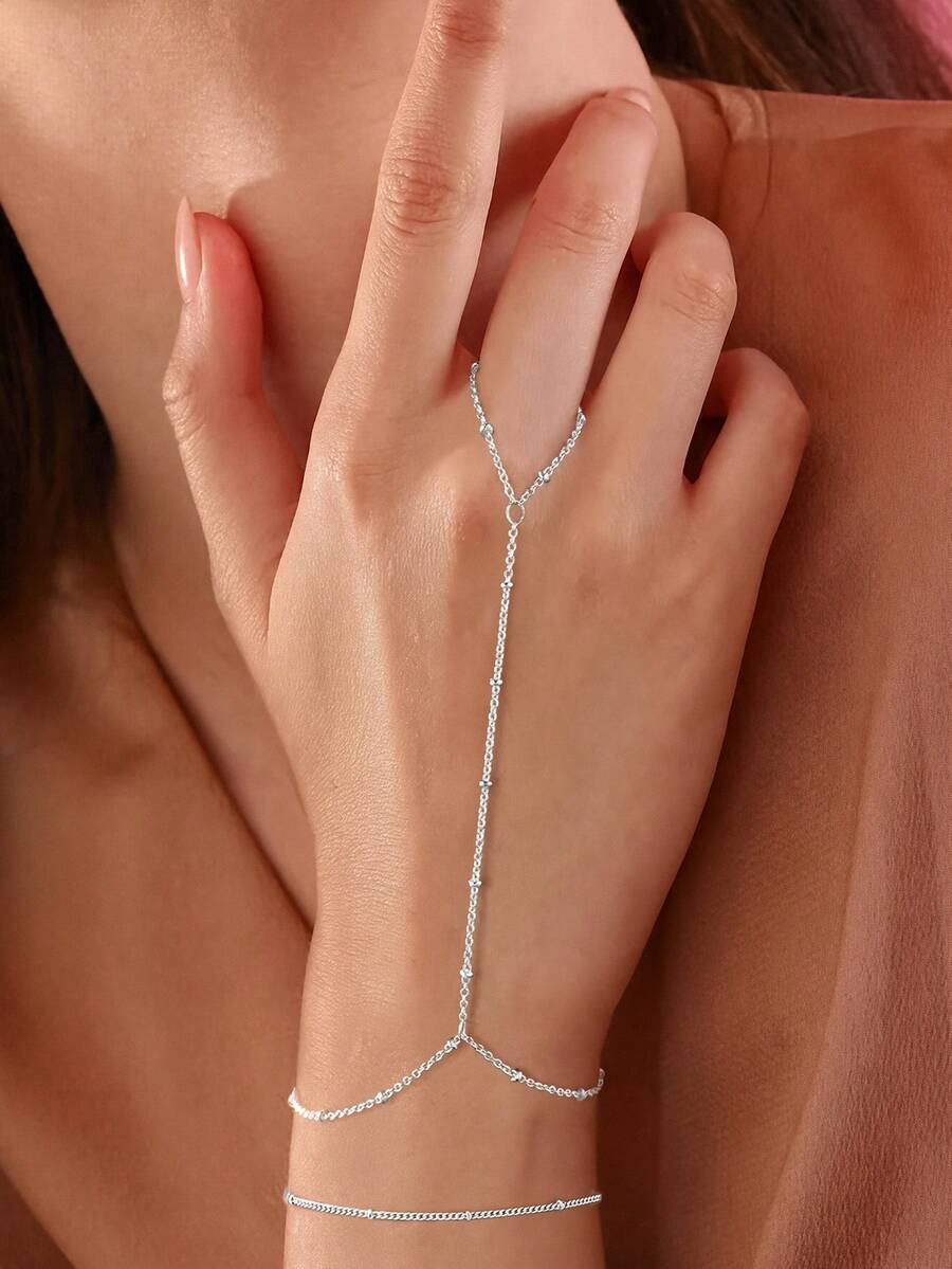 1 pieza Juego de pulsera y anillo minimalista de acero inoxidable, accesorio básico de estilo diario (cantidad de cuentas aleatoria) - Plateado - Ver 1