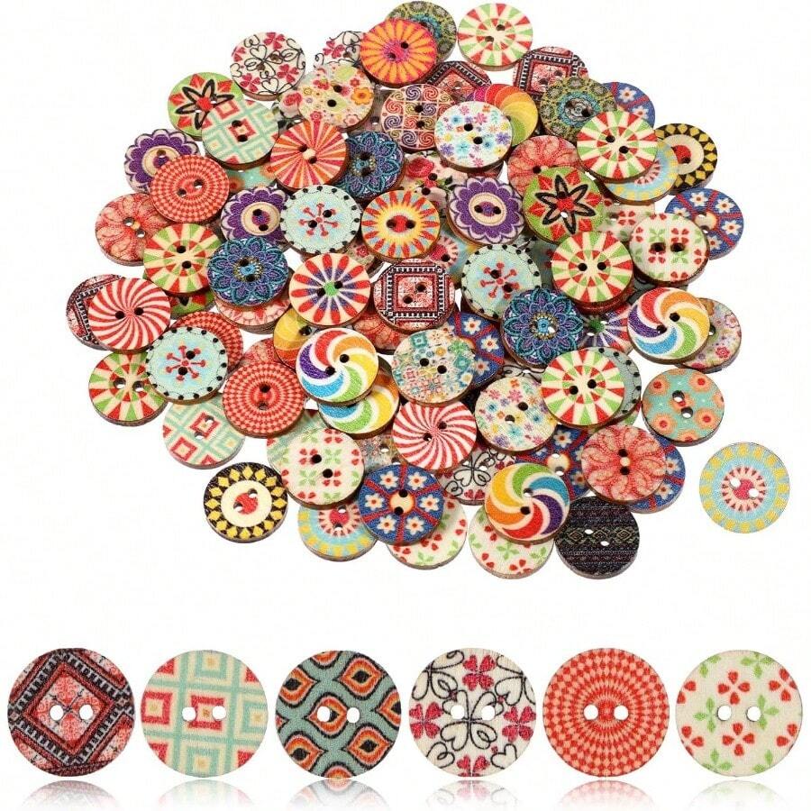 Pcs Multicolor Vintage Wooden Buttons, Round, 1.5cm 0.59 Inch Assorted Floral Patterns, Sewing, Knitting, Crocheting Scrapbooking - Initial - View 1