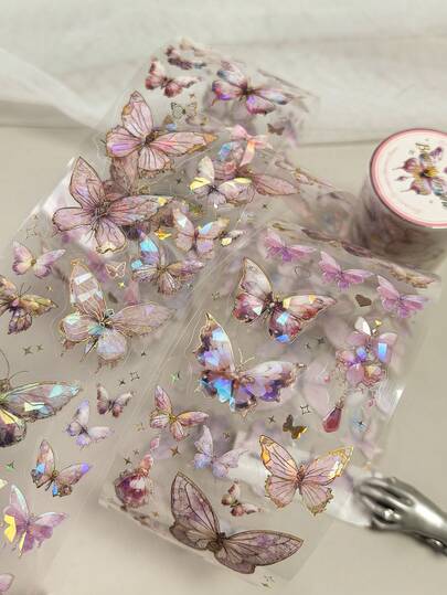 1 卷 1 米复古铝箔激光蝴蝶装饰 PET 胶带，DIY 剪贴簿贴纸材料