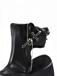 1pc Black Cross Integrated Stud Earring With Chain, Edgy, Fashionable, Suitable For Women's Daily And Festival Wear - 金色 - 查看 8