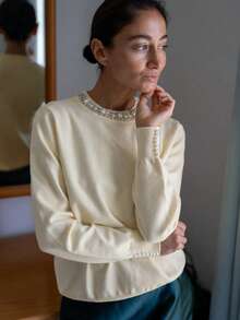 GIGOGOU Fashion Beading Women Autumn Winter Warm Sweater Casual Basic Long Sleeves Knit Top Fall Clothes Chic - Beige - View 4