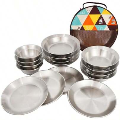 Stainless Steel Outdoor Tableware 16Piece Set Portable BBQ Bowls Dishes Kits With Storage Bag For SelfDriving Hiking Camping And Outdoor Cooking