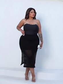 Plus Size Midi Skirt With Openwork Fabric In Modal Knit, Elegant, Casual - Black - View 2