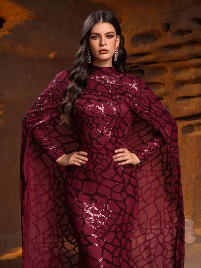 Faeriesty Este elegante vestido de noche formal para mujer presenta un grácil cuello mao, mangas largas, una cautivadora falda de estilo sirena y un diseño de capa impactante, convirtiéndolo en la elección perfecta para grandes galas, bodas refinadas, banquetes lujosos, ceremonias de premios reconocidas y eventos formales de alta gama.