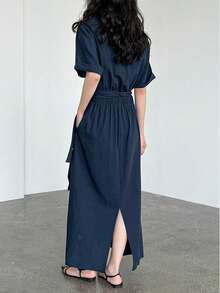 女士优雅短袖连衣裙，纯色，优雅梭织面料，配领带，适合优雅日常办公室穿着，夏季 - 藏蓝色 - 查看 2