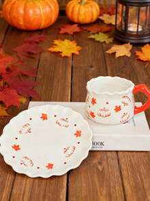 1 conjunto criativo minimalista pintado à mão com design assimétrico de abóbora, xícara de café de cerâmica e pires, ideal para presente de Halloween