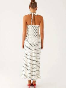 Women's Elegant Two-Piece Dress With Pleated Polka Dot Print On The Chest, Sleeveless Backless Lace Up Top And Long Skirt, Suitable For Dates, Parties, Clubs, And Outings - 白色 - 查看 3