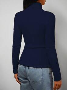 Elegant Solid Color Long Sleeve Turtleneck Slim Fit T-Shirt, Suitable For Spring And Autumn - Navy Blue - View 2