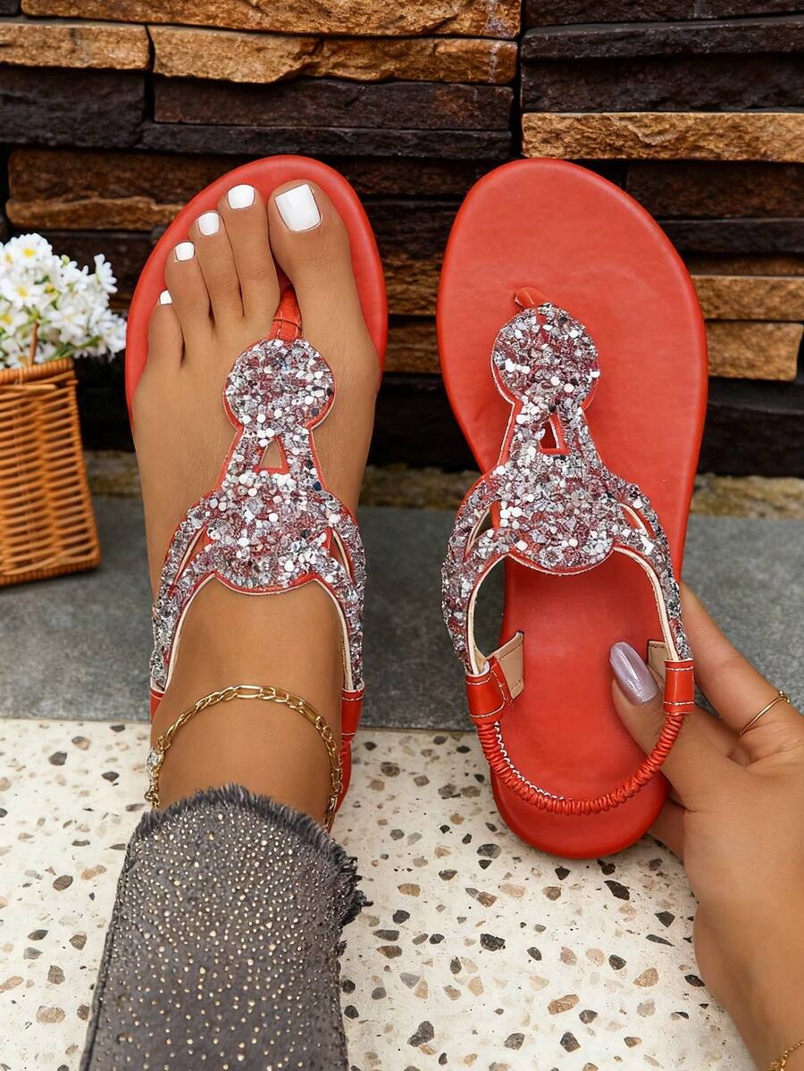 Women's Rhinestone Elastic Sandals, Flat, Summer, Thong, Red, Daily, Beach, Flip Flop