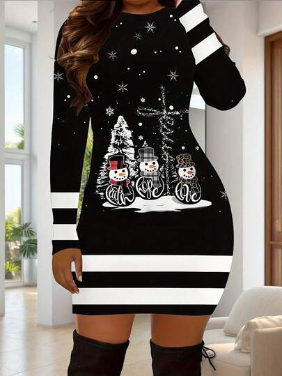 1pc Women's Casual Christmas Print Striped Fitted Dress,Christmas New Year Women's Knit Dress, Festive Elegant Holiday Party Dress Elegant Outfit