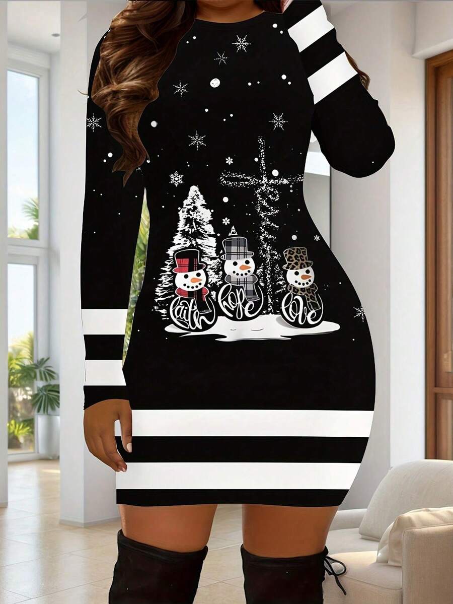 1pc Women's Casual Christmas Print Striped Fitted Dress,Christmas New Year Women's Knit Dress, Festive Elegant Holiday Party Dress Elegant Outfit - Black - View 1